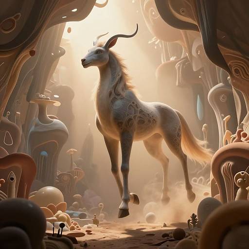 Digital artwork of a mystical, horned, white-furred creature with swirling patterns, standing in a surreal, sunlit cave filled with abstract, organic