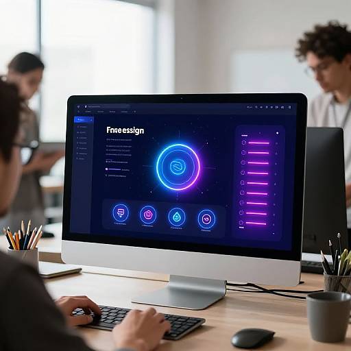 Photograph of a modern office with a large iMac displaying FiveSign interface, featuring neon blue and purple icons, surrounded by blurred colleagues working.