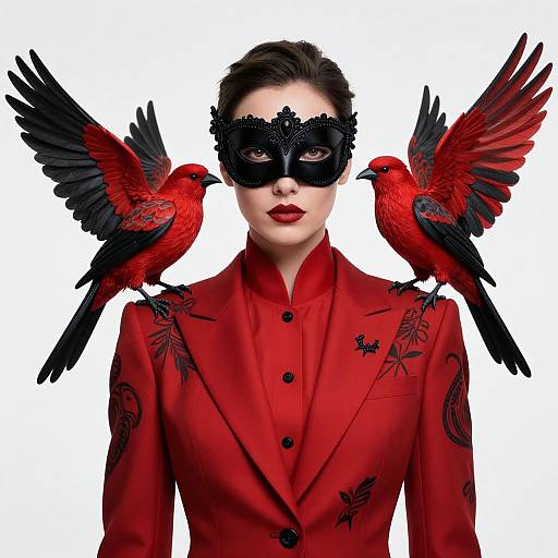 Photograph of a fair-skinned woman with red lipstick, black lace mask, red suit adorned with black floral patterns, flanked by two vibrant red