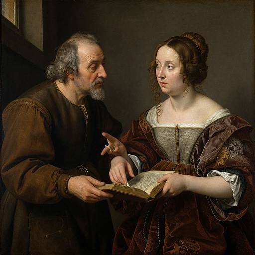 Baroque painting of an elderly bearded man with gray hair and a brown robe, pointing at an open book held by a young woman with fair skin