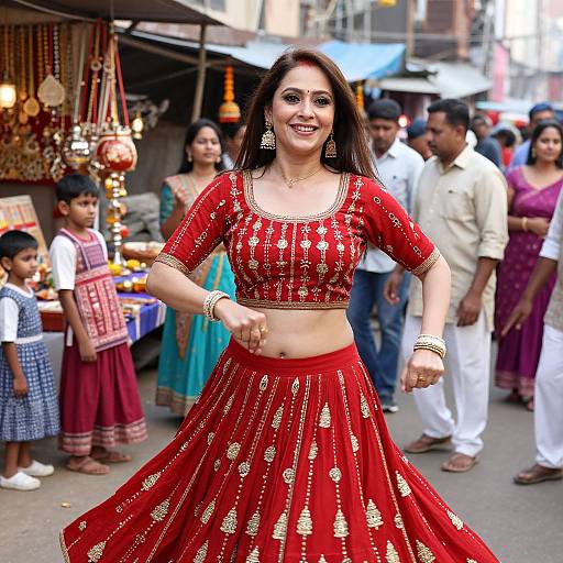 Photograph of a smiling Indian woman in a red, gold-embroidered traditional lehenga and crop top, dancing in a bustling market, surrounded