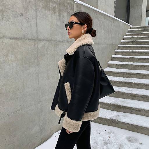 Chic Woman in Leather Against Snowy Background