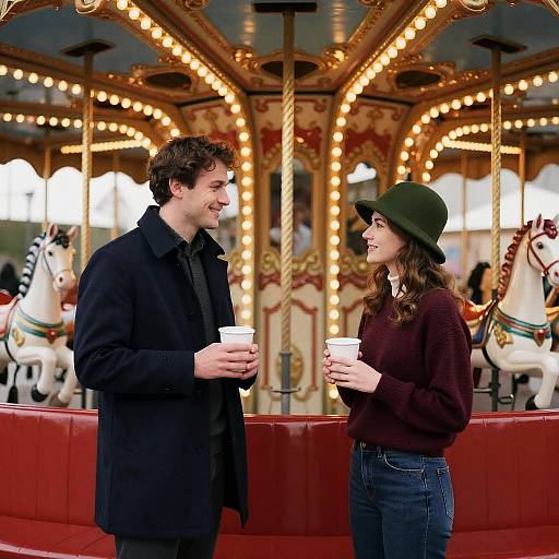 Vintage Carousel Scene with Smiling Couples