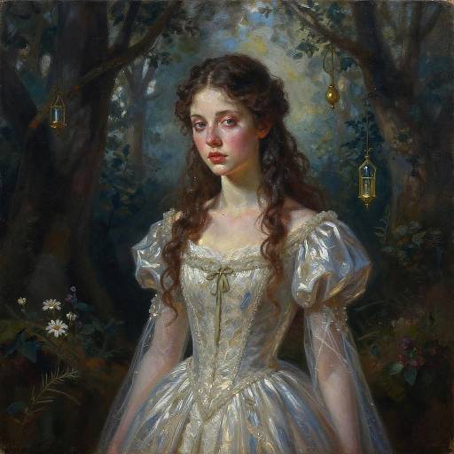Oil painting of a young woman with long, curly brown hair, wearing a shimmering, puffed-sleeve white dress, set in a dark