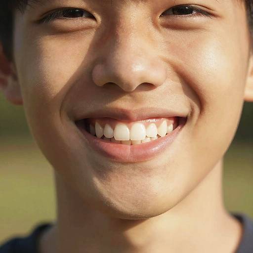 Close-up photograph of a smiling young boy with fair skin, dark eyes, and short brown hair, showing white teeth against a blurred green background.