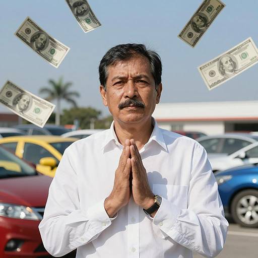Middle-Aged Man at a Vibrant Car Lot
