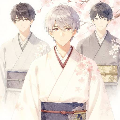 Digital anime-style drawing of three young men in white and blue kimonos with subtle watercolor effects, featuring varying expressions and hair colors.