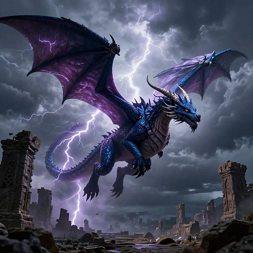 Digital artwork of a blue, lightning-embued dragon soaring over a stormy, ruined cityscape with jagged lightning bolts illuminating dark, cloudy