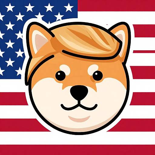 Digital drawing of a cute, smiling Shiba Inu face with orange fur and blonde hair, set against a bold American flag background.
