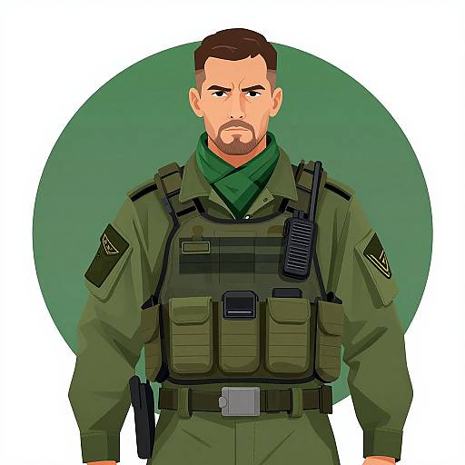 Digital illustration of a stern-looking, bearded male soldier in green tactical gear with a vest, patches, and a gun holster, set against a green
