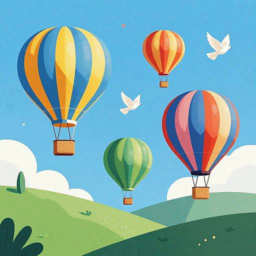 Cartoon-style illustration of colorful hot air balloons (blue, orange, green, red) floating over green hills with white clouds and two flying doves