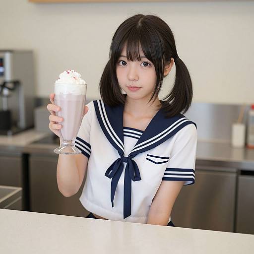 Young Japanese girl in a sailor uniform, black pigtails, holding a milkshake with whipped cream in a modern kitchen.