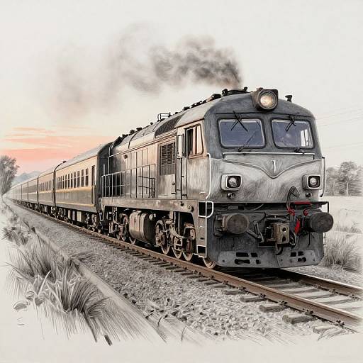 Digital illustration of a vintage, gray diesel train with black accents, emitting smoke, traveling on tracks through a grassy landscape.