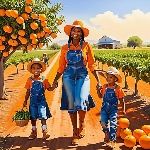 Sunlit Orange Orchard: Joyful Farming Family