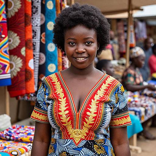 Photograph of a smiling African woman with dark skin and short curly hair, wearing a vibrant, patterned, V-neck dress, standing in front of