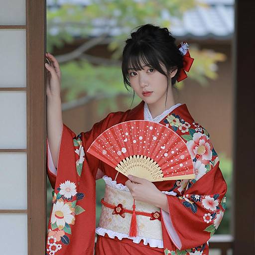 Elegant Asian Woman in Floral Kimono