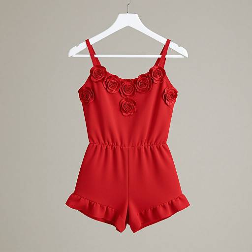 Photograph of a vibrant red, sleeveless romper with rose embellishments on the bodice, hanging on a white hanger against a plain gray