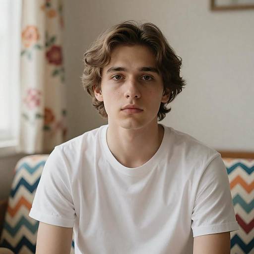 Young Man Sitting Indoors in White T-Shirt