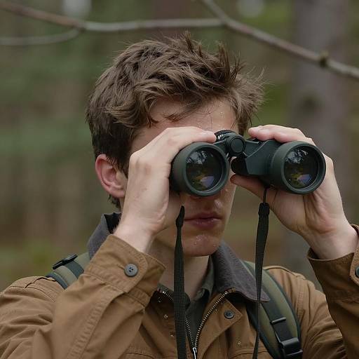 Young Man Observing Nature with Binoculars