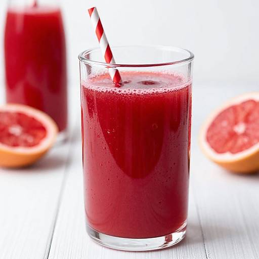 Photograph of a vibrant red smoothie in a clear glass with a red-and-white striped straw, surrounded by blurred grapefruit halves on a white wooden
