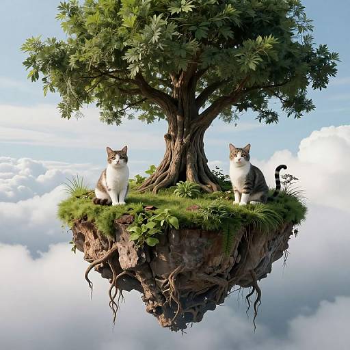 Digital artwork of two cats sitting on a floating, tree-covered island with roots, surrounded by clouds, under a bright blue sky.