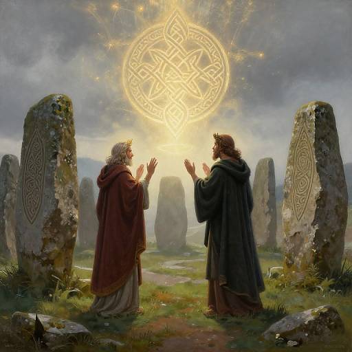 Digital artwork of two robed figures, hands raised, gazing at a glowing, intricate Celtic circle above ancient stone monuments.