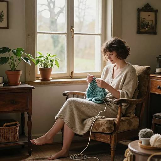 Woman Knitting in Cozy Rustic Room