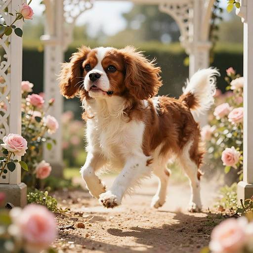 Cavalier Spaniel in Sunlit Rose Garden