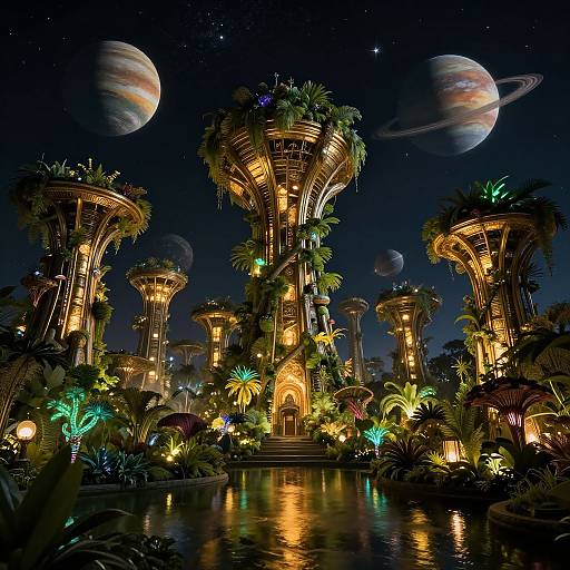 Photorealistic CGI of a futuristic, illuminated, tree-like cityscape with glowing structures, lush greenery, and vibrant lights under a starry night