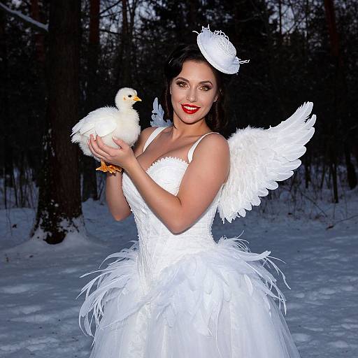 Photograph of a fair-skinned woman with red lipstick, wearing a white feather angel dress, holding a white duck, in a snowy forest.