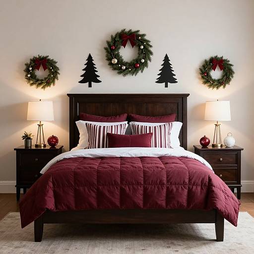 Photograph of a Christmas-themed bedroom with a dark wooden bed, maroon quilt, white pillows, two table lamps, and three wreaths above.