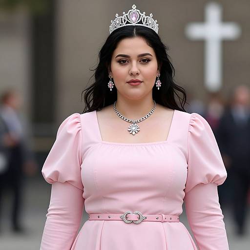 Photograph of a young woman with dark hair, wearing a silver tiara, pink dress, and necklace, standing in front of a blurred white cross