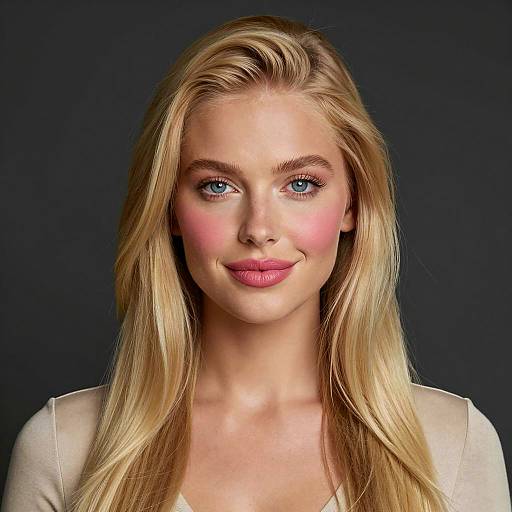 Blonde Woman with Pink Blush and Beige Top