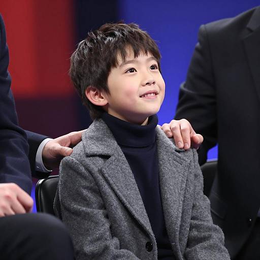 Young Boy Smiling in Gray Coat