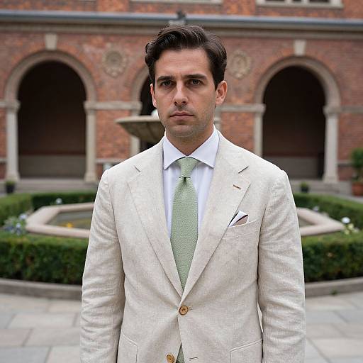 Photograph of a serious-looking man with dark hair in a cream suit, green tie, and white shirt, standing in front of a brick building with