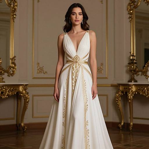 Photograph of a dark-haired woman in a white, deep V-neck, gold-embellished gown, standing in an ornate, gold-fr