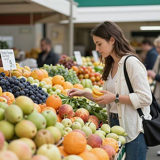 Photograph of a young woman with long brown hair, wearing a white blouse and black shoulder bag, selecting oranges from a colorful fruit market stall.