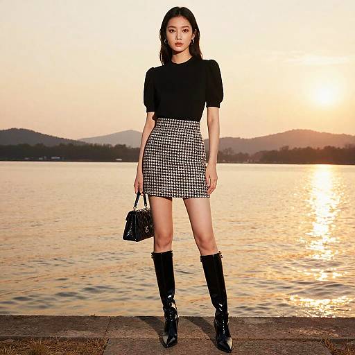 Photograph of an Asian woman with straight black hair, wearing a black top, black-and-white checkered mini skirt, black knee-high boots, and