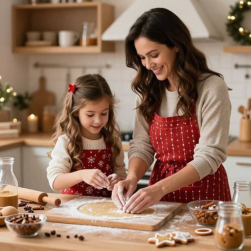 Photograph of a smiling mother and daughter baking together in a cozy, warmly lit kitchen, wearing red polka dot aprons.