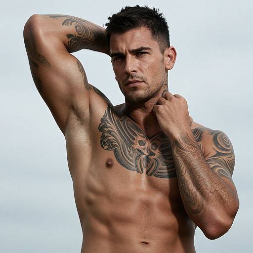 Muscular Tattooed Man Under Cloudy Sky