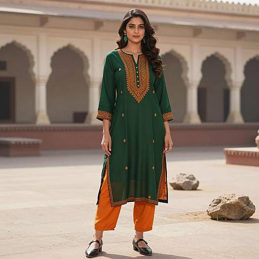 Indian Woman in Green and Orange Embroidered Kurta