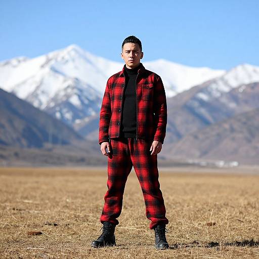 Photograph of a serious-looking Asian man in red plaid jacket and pants, black shirt, standing in dry field with snowy mountains background.