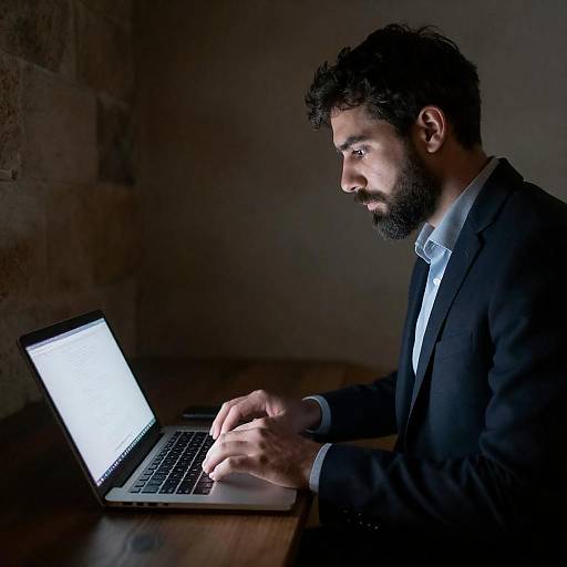 Bearded Man Typing in Stone Room