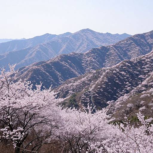 Photograph of a mountain range with pink cherry blossom trees in the foreground, blue sky above, and dark green hills in the background, showcasing a vibrant