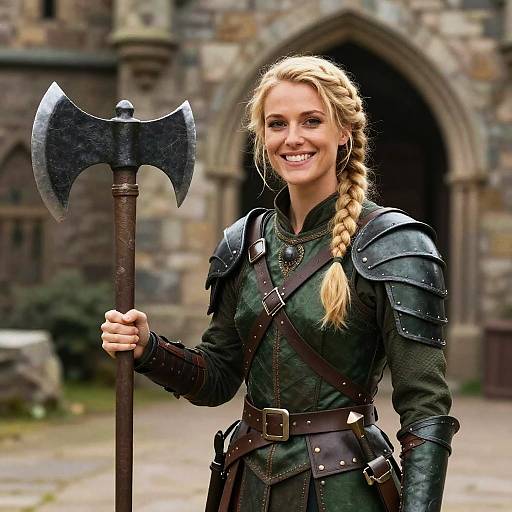 Photorealistic digital artwork of a smiling blonde Viking woman with braided hair, holding an axe, wearing medieval armor and green tunic, in front