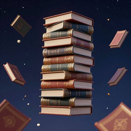 Stack of ornate, colorful books floating in space, surrounded by floating books against a starry night sky. Digital illustration.