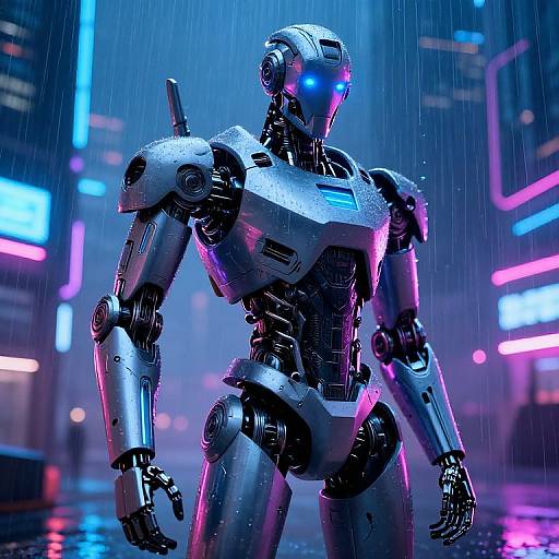 CGI sci-fi image of a futuristic, silver robot with glowing blue eyes standing in a rain-soaked, neon-lit cityscape at night.