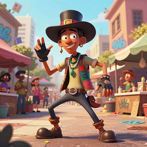 CGI cartoon of a colorful, grinning cowboy in a wide-brimmed hat, making a peace sign on a bustling street. Vibrant market