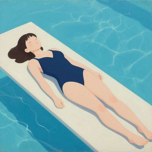 Digital drawing of a woman with black hair, wearing a navy blue one-piece swimsuit, lying on a white float in bright blue water, eyes closed