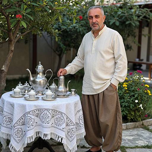 Middle-aged man with gray beard and mustache, wearing white shirt and brown pants, stands beside a lace-covered table with silver teaware in a garden